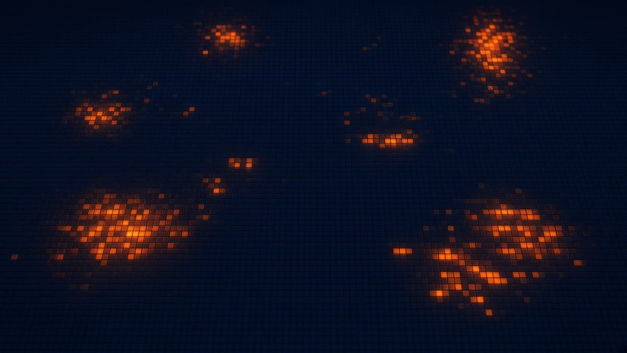 A dark wall of pixels with glowing orange blocks